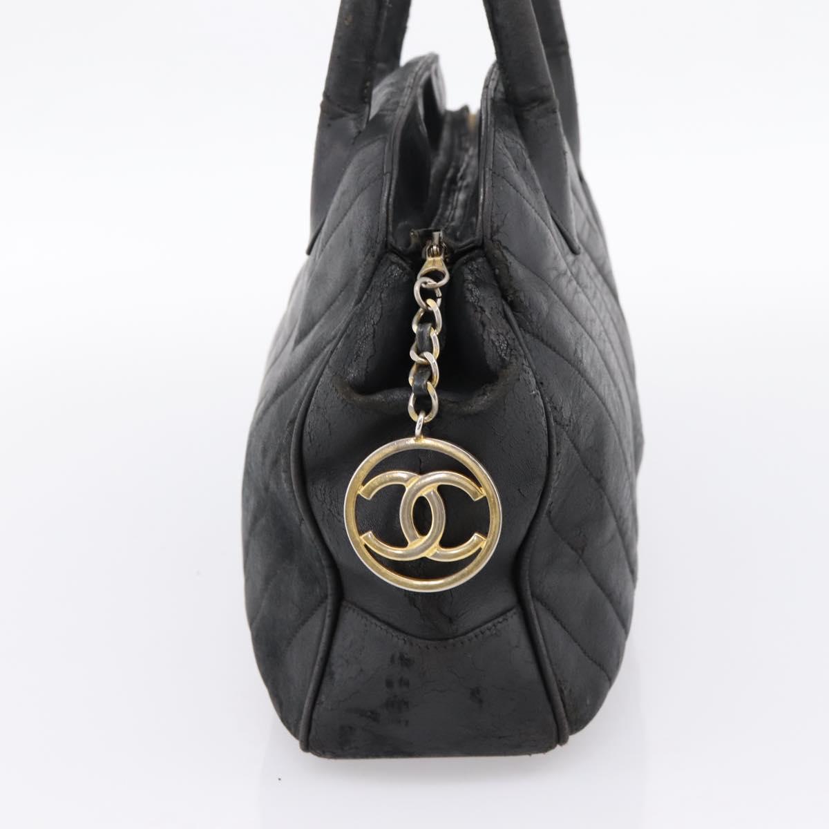 CHANEL V Stitch Hand Bag Leather Black Gold CC Auth 202466