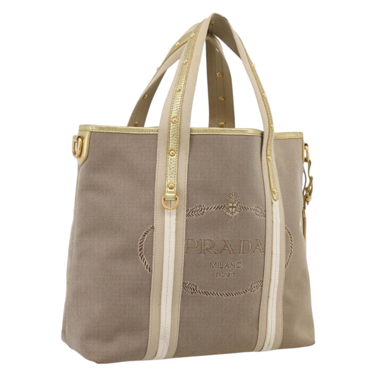 PRADA Hand Bag Jacquard Beige Gold Auth 202467