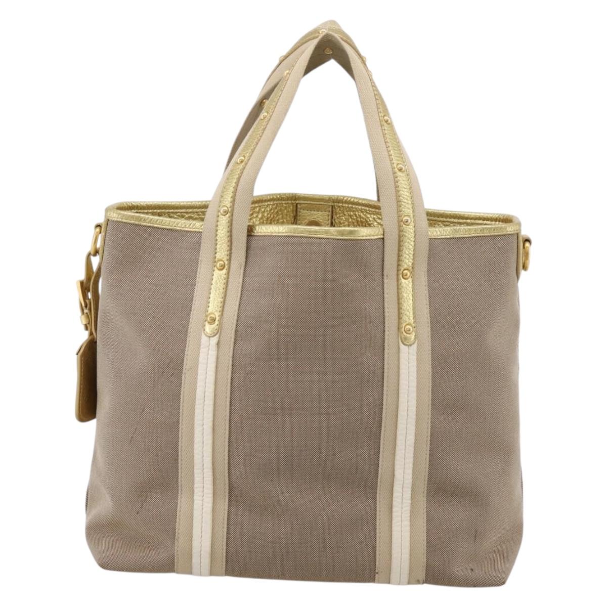 PRADA Hand Bag Jacquard Beige Gold Auth 202467