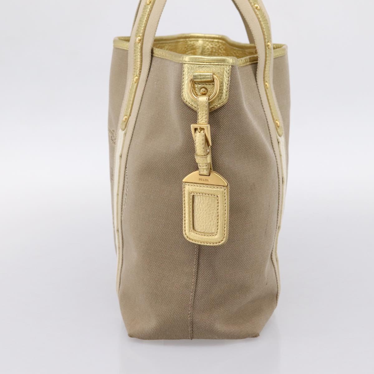 PRADA Hand Bag Jacquard Beige Gold Auth 202467