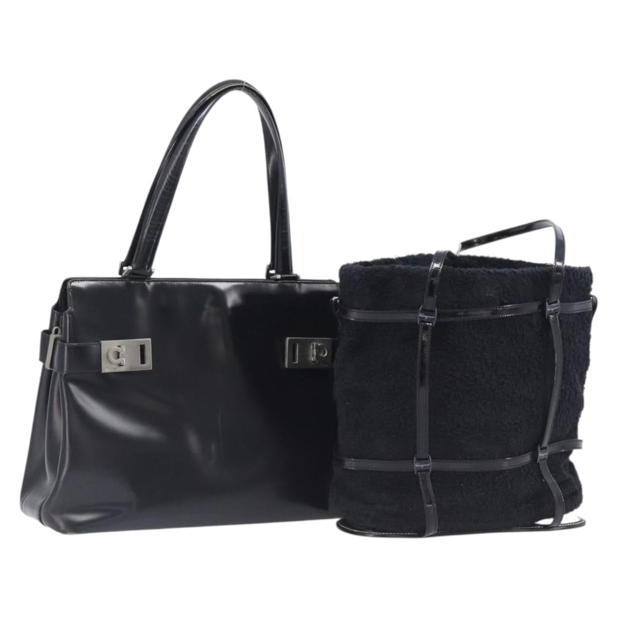 Salvatore Ferragamo Hand Bag Leather Pile 2 Set Black Auth 202497
