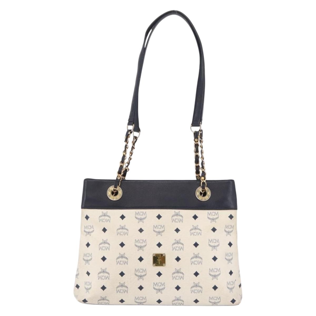 MCM Vicetos Logogram Chain Tote Bag PVC Leather White Gold Auth 202498