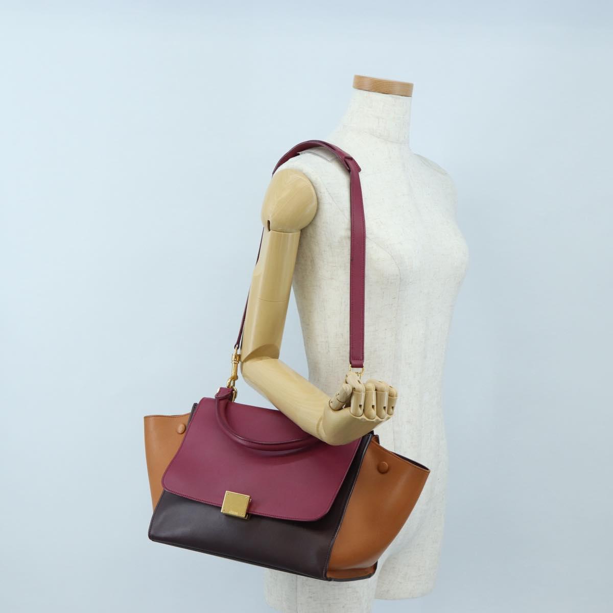 CELINE Trapeze Hand Bag Leather 2way Bordeaux Gold Auth 202503A