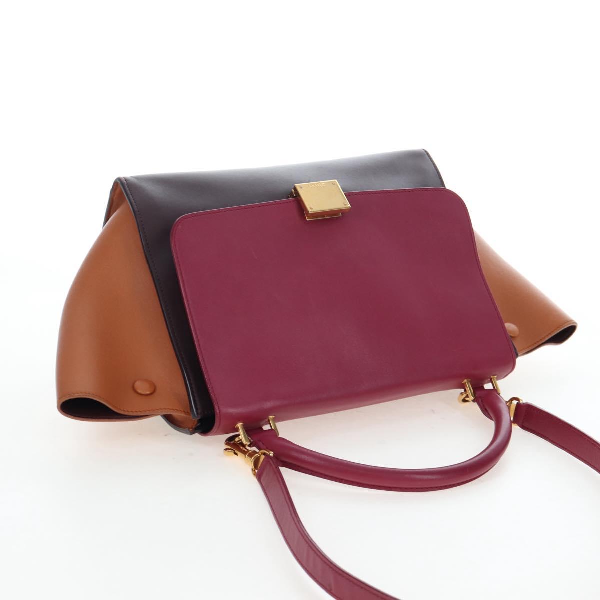 CELINE Trapeze Hand Bag Leather 2way Bordeaux Gold Auth 202503A