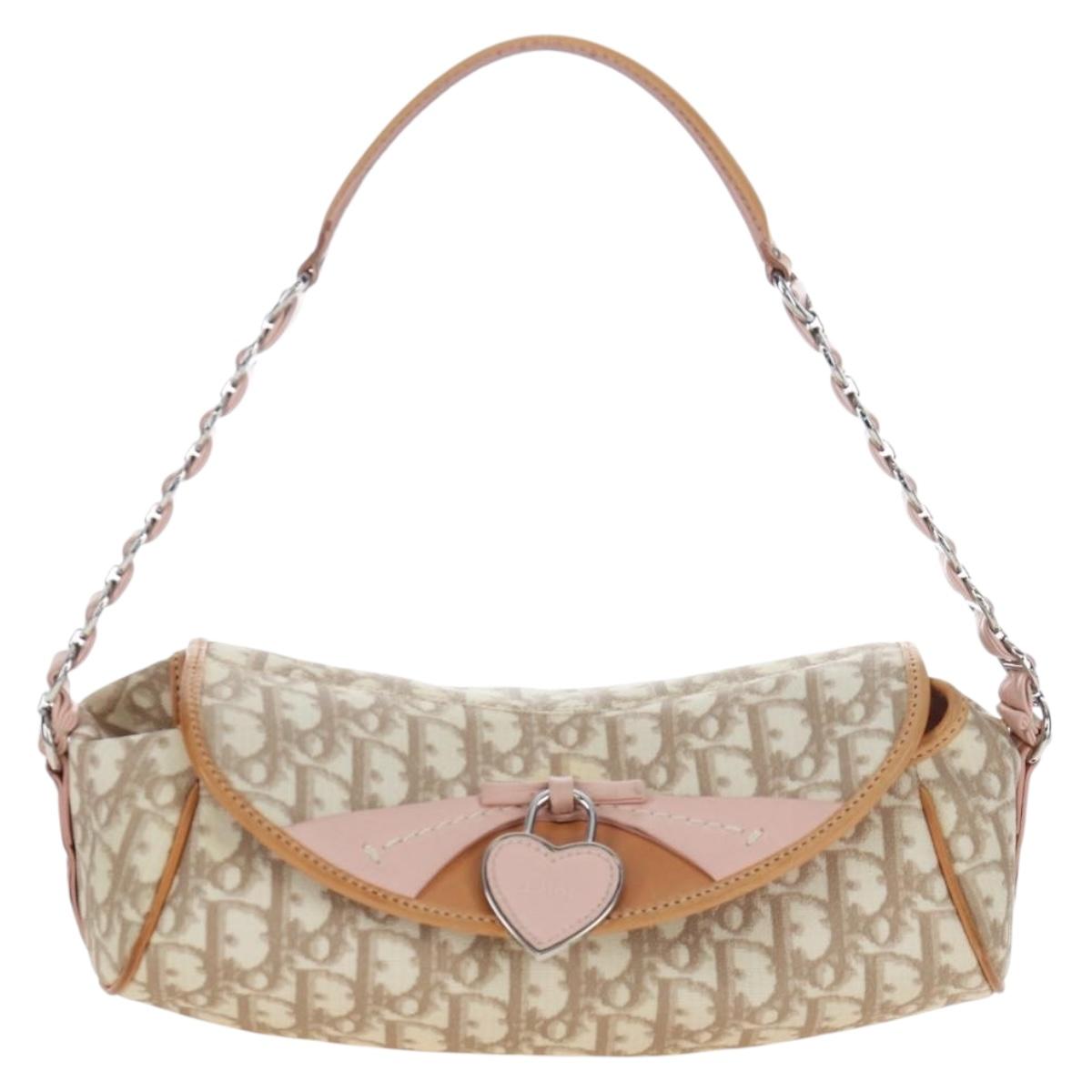 Christian Dior Trotter Canvas Romantic Chain Bag PVC Beige Silver Auth 202506SAM