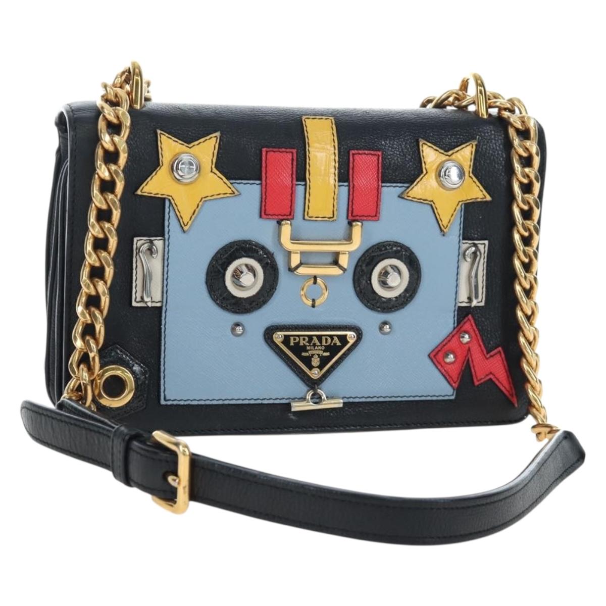 PRADA Chain Shoulder Bag Leather Black Gold Auth 202514M