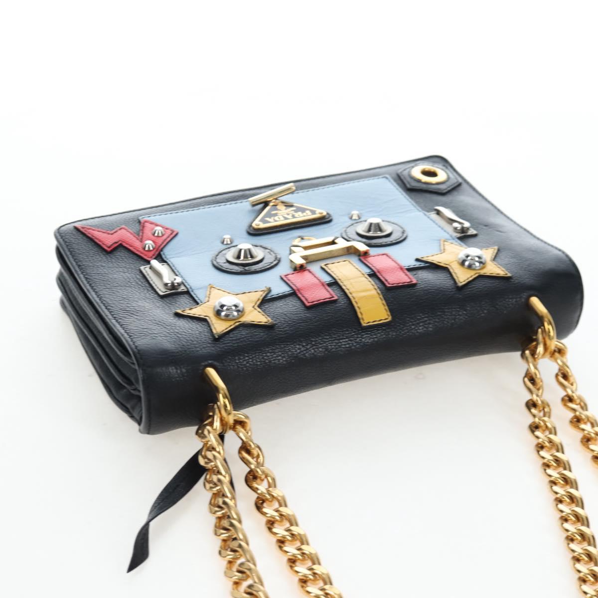 PRADA Chain Shoulder Bag Leather Black Gold Auth 202514M