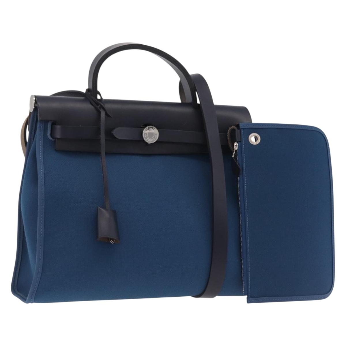HERMES Herbag Zip PM Hand Bag Canvas Leather 2way Navy Silver Auth 202516SAM