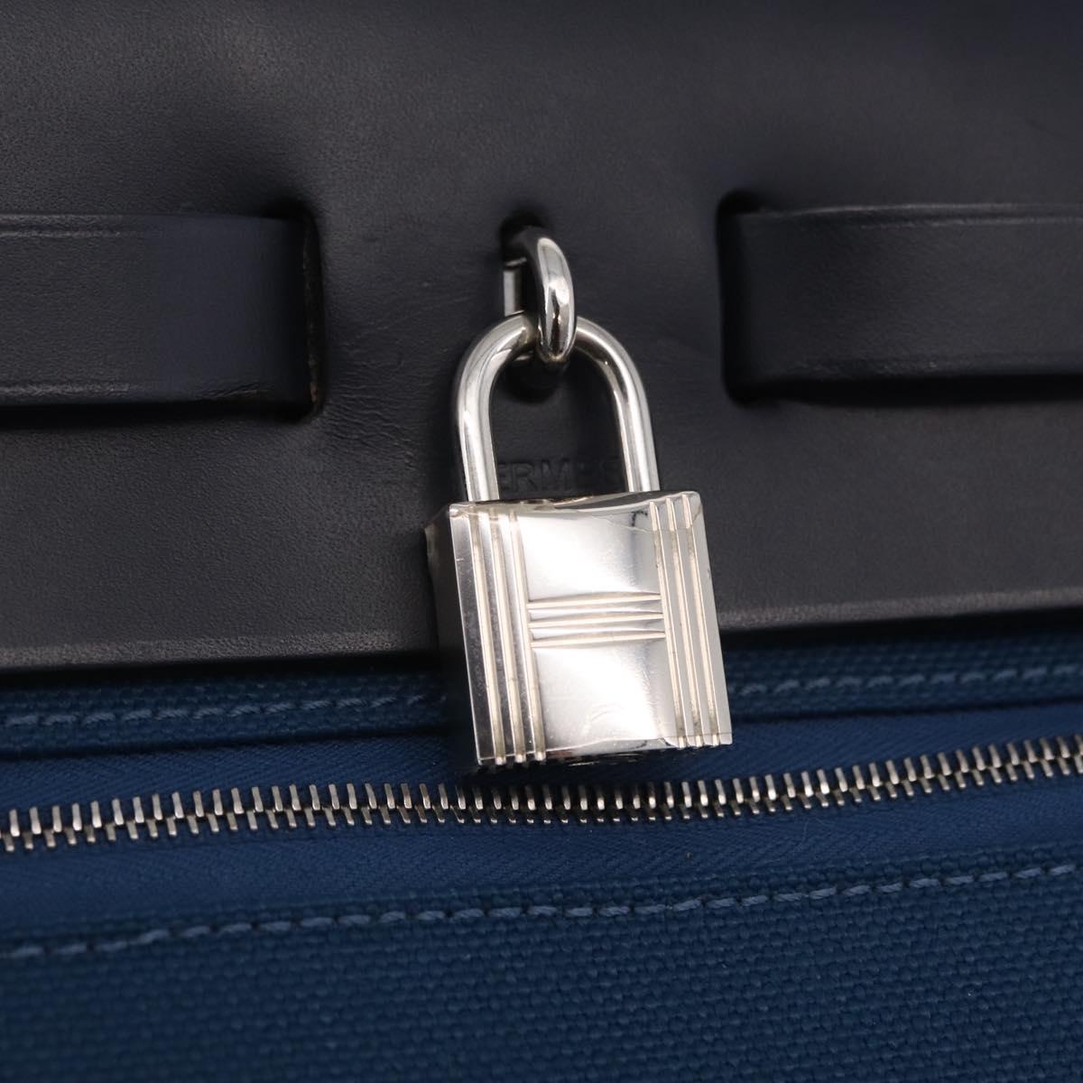 HERMES Herbag Zip PM Hand Bag Canvas Leather 2way Navy Silver Auth 202516SAM