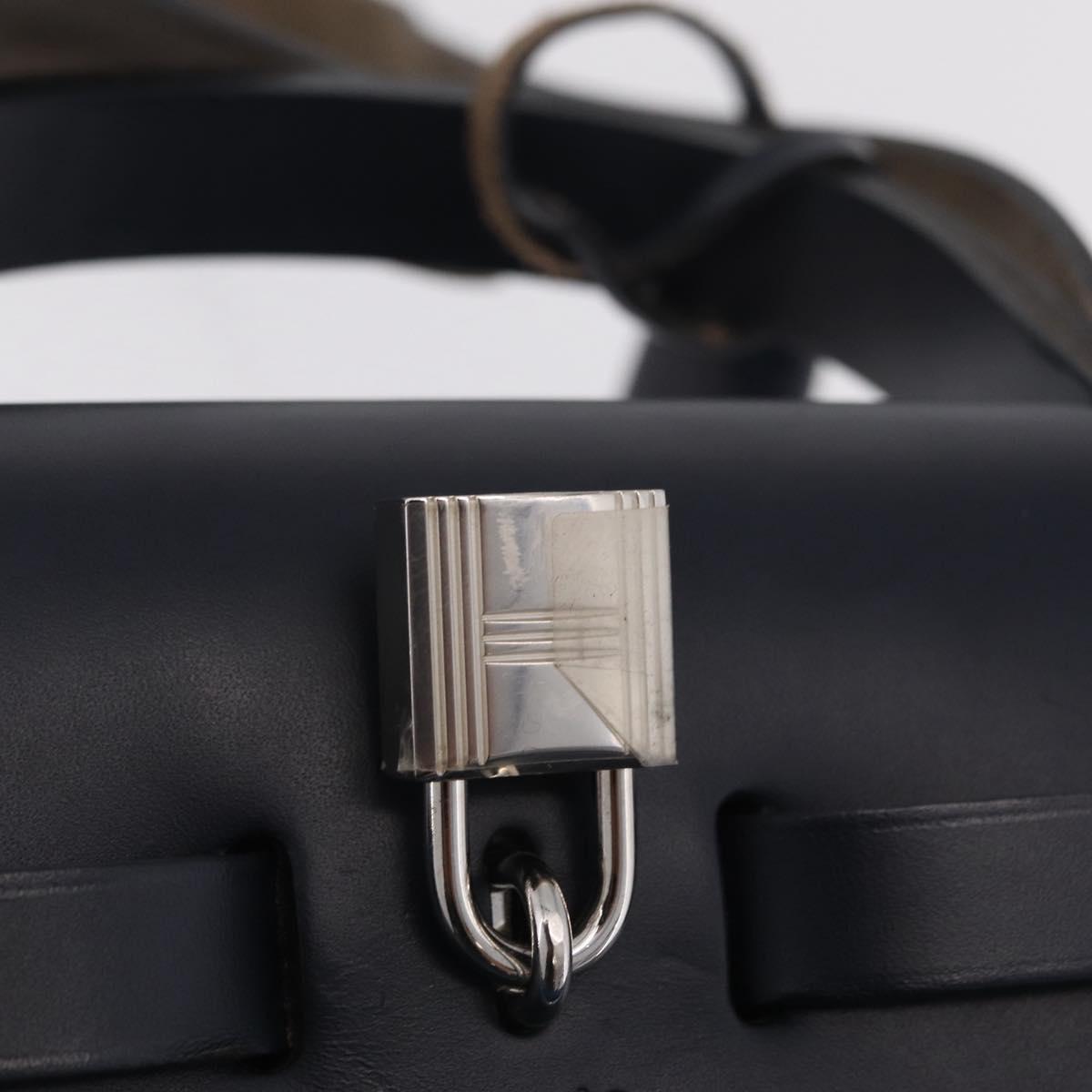 HERMES Herbag Zip PM Hand Bag Canvas Leather 2way Navy Silver Auth 202516SAM