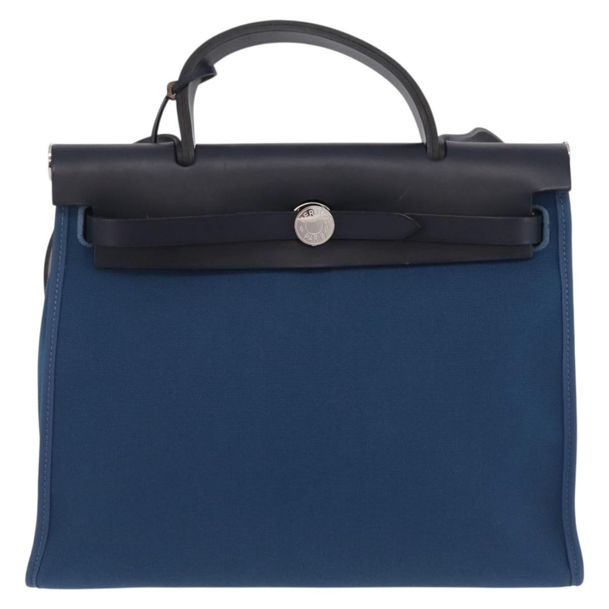 HERMES Herbag Zip PM Hand Bag Canvas Leather 2way Navy Silver Auth 202516SAM