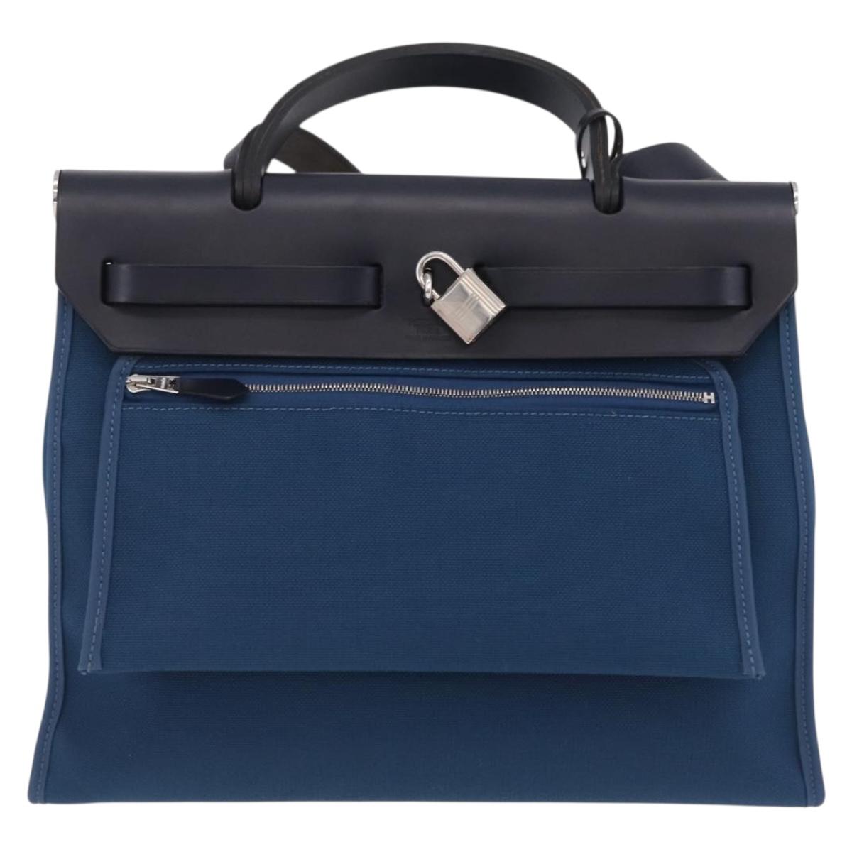 HERMES Herbag Zip PM Hand Bag Canvas Leather 2way Navy Silver Auth 202516SAM