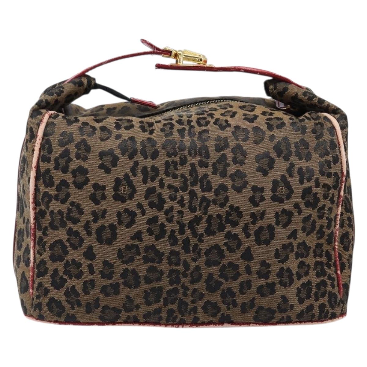 FENDI Vanity Cosmetic Pouch Canvas Brown Gold Tone Leopard Auth 202585
