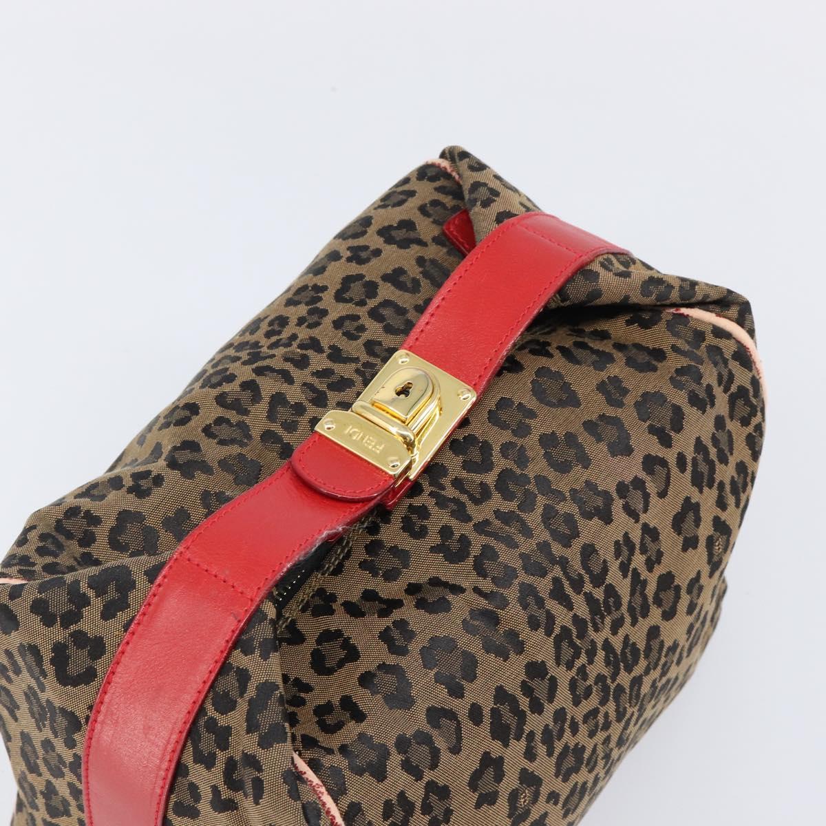 FENDI Vanity Cosmetic Pouch Canvas Brown Gold Tone Leopard Auth 202585