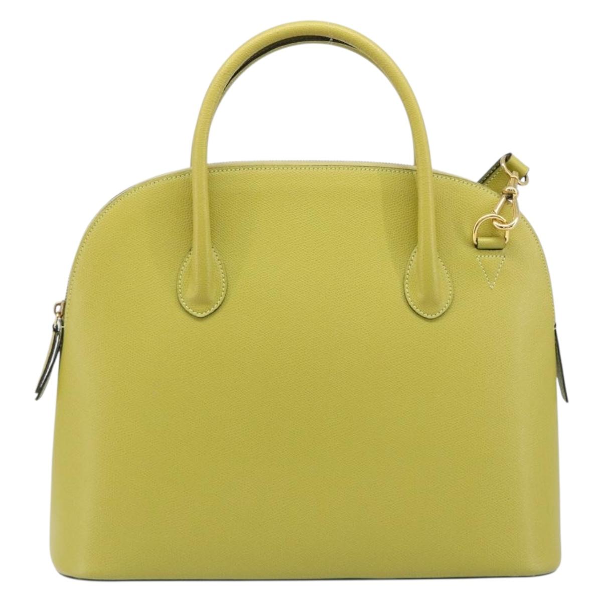 CELINE Hand Bag Leather 2way Green Gold Tone Auth 202586
