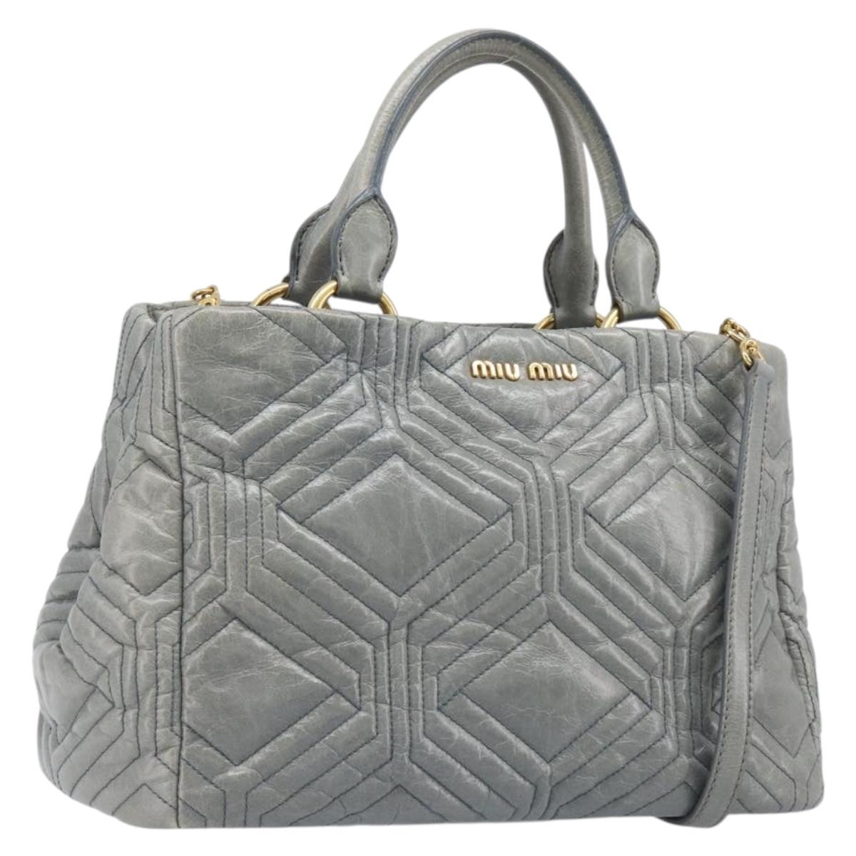 Miu Miu Vitellolux Hand Bag Leather 2way Gray Gold Tone Auth 202588V