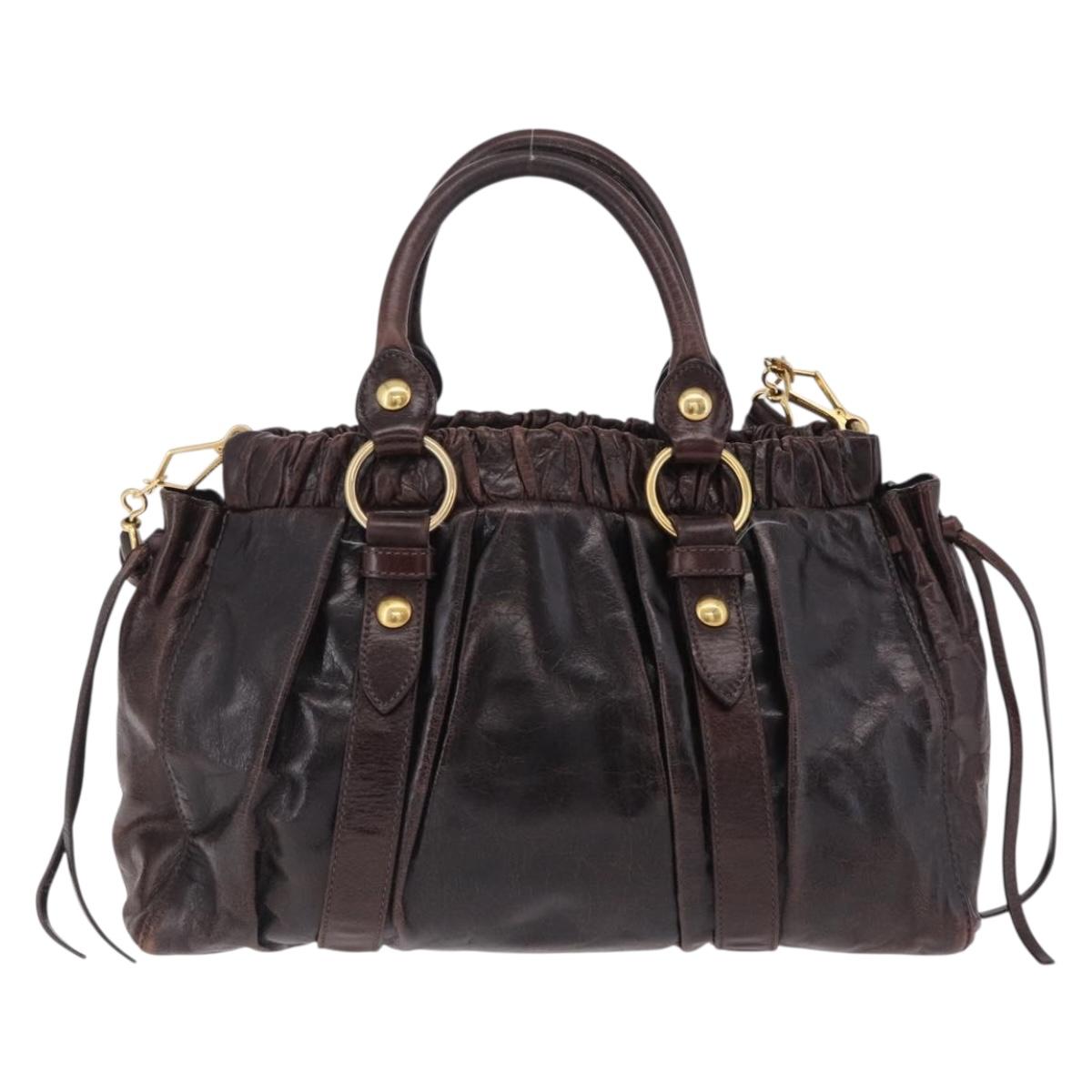 Miu Miu Hand Bag Vitellolux 2way Dark Brown Gold Auth 202590V