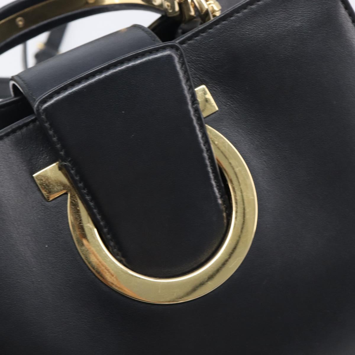 Salvatore Ferragamo Gancini Hand Bag Leather 2way Black Gold Tone Auth 202636V