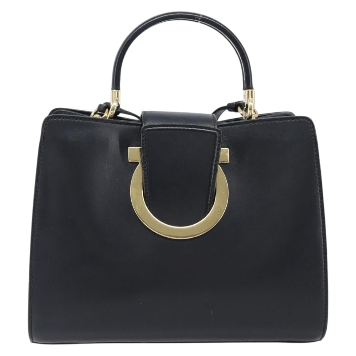 Salvatore Ferragamo Gancini Hand Bag Leather 2way Black Gold Tone Auth 202636V