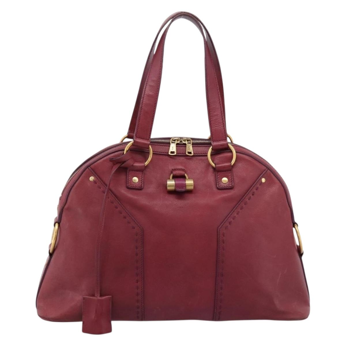 SAINT LAURENT Hand Bag Leather Bordeaux Gold Auth 202650A