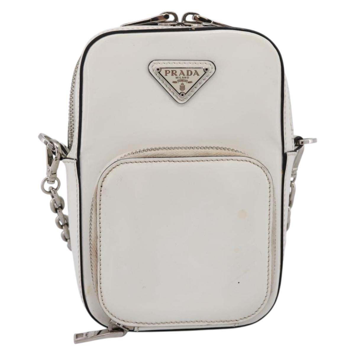 PRADA Chain Shoulder Bag Leather White Silver Auth 202662