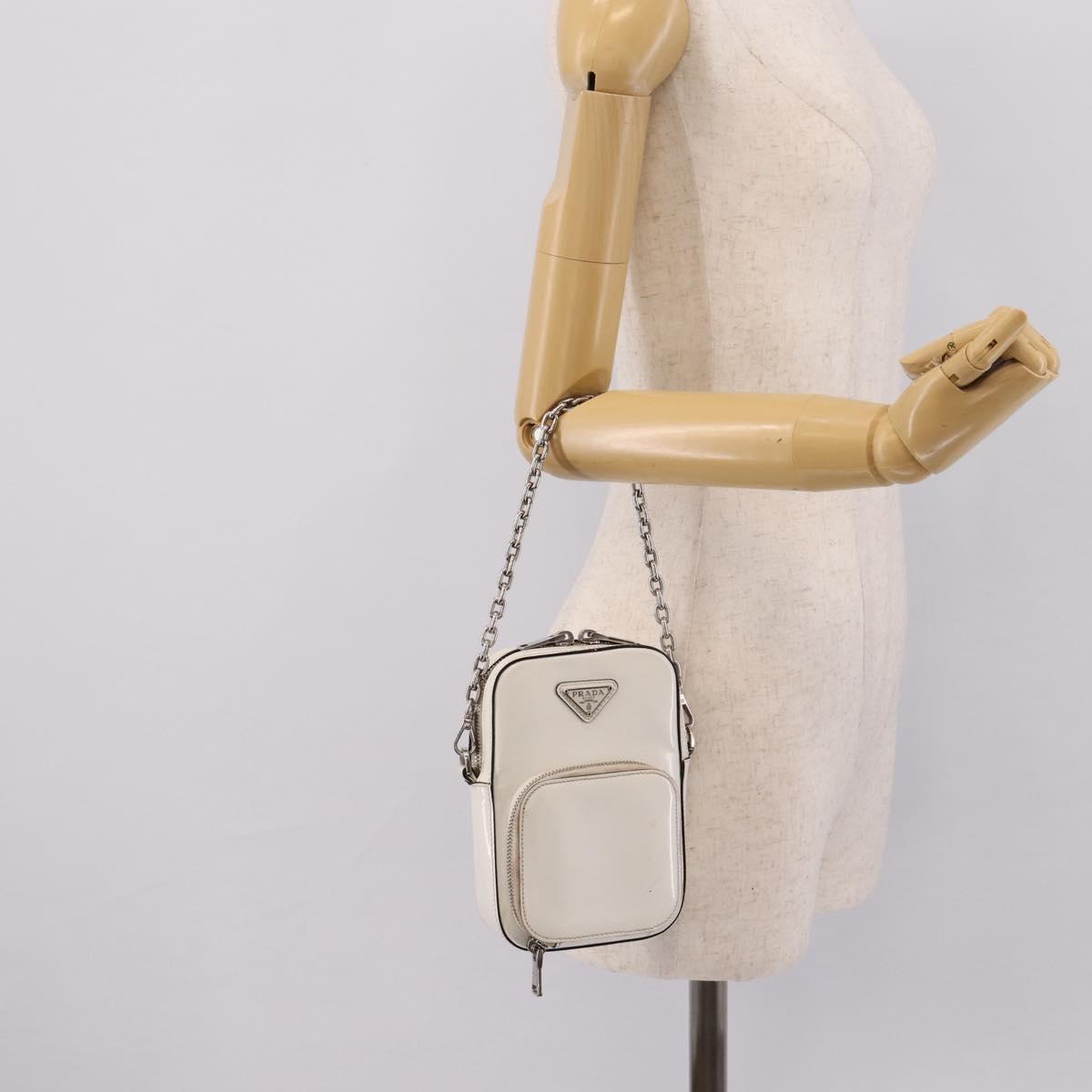 PRADA Chain Shoulder Bag Leather White Silver Auth 202662