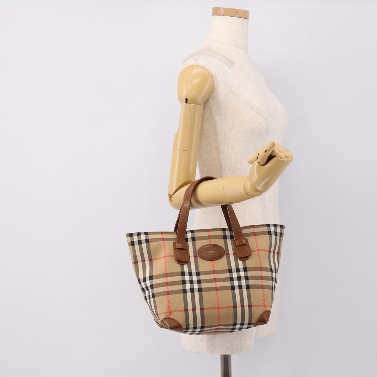 Burberrys Nova Check Hand Bag Canvas Beige Gold Auth 202669