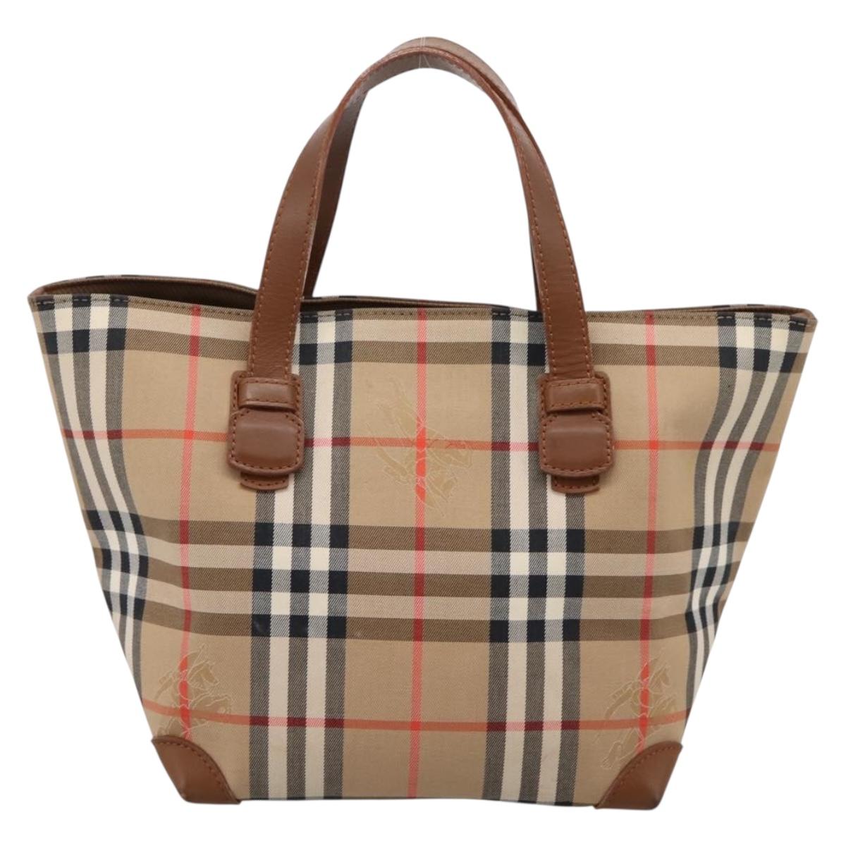 Burberrys Nova Check Hand Bag Canvas Beige Gold Auth 202669