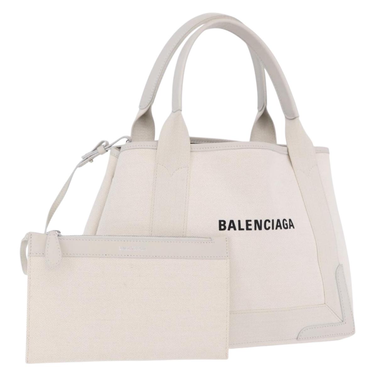 BALENCIAGA Navy Cabas Hand Bag Canvas Ivory Silver 339933 Auth 202675A