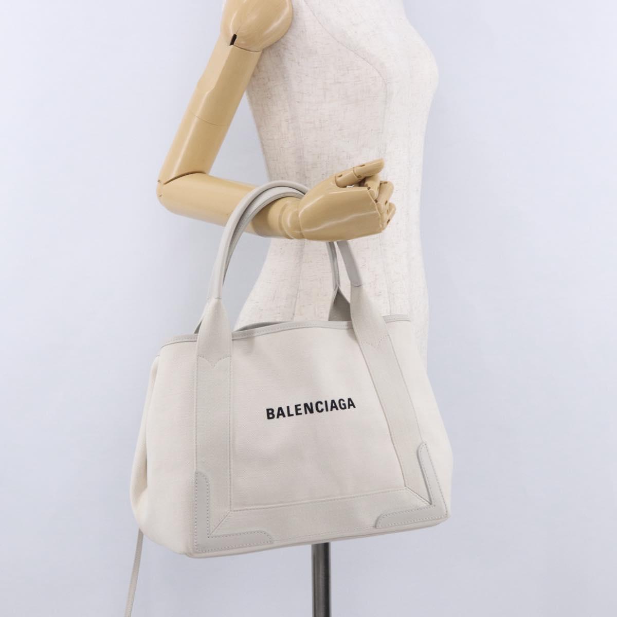 BALENCIAGA Navy Cabas Hand Bag Canvas Ivory Silver 339933 Auth 202675A