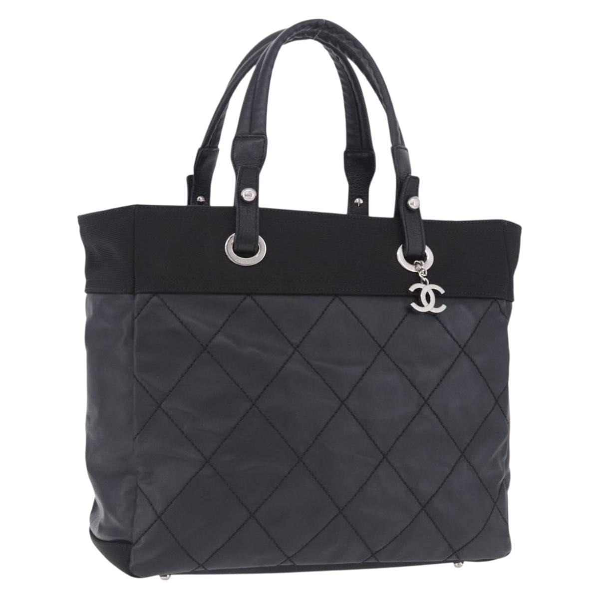 CHANEL Paris Biarritz Hand Bag PVC Canvas Black Silver CC Auth 202681V