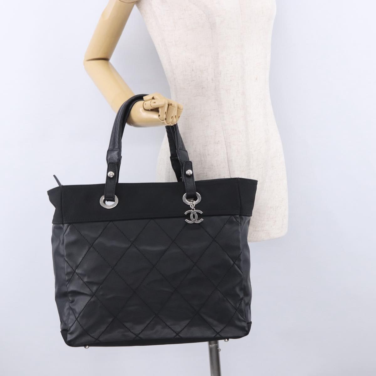 CHANEL Paris Biarritz Hand Bag PVC Canvas Black Silver CC Auth 202681V