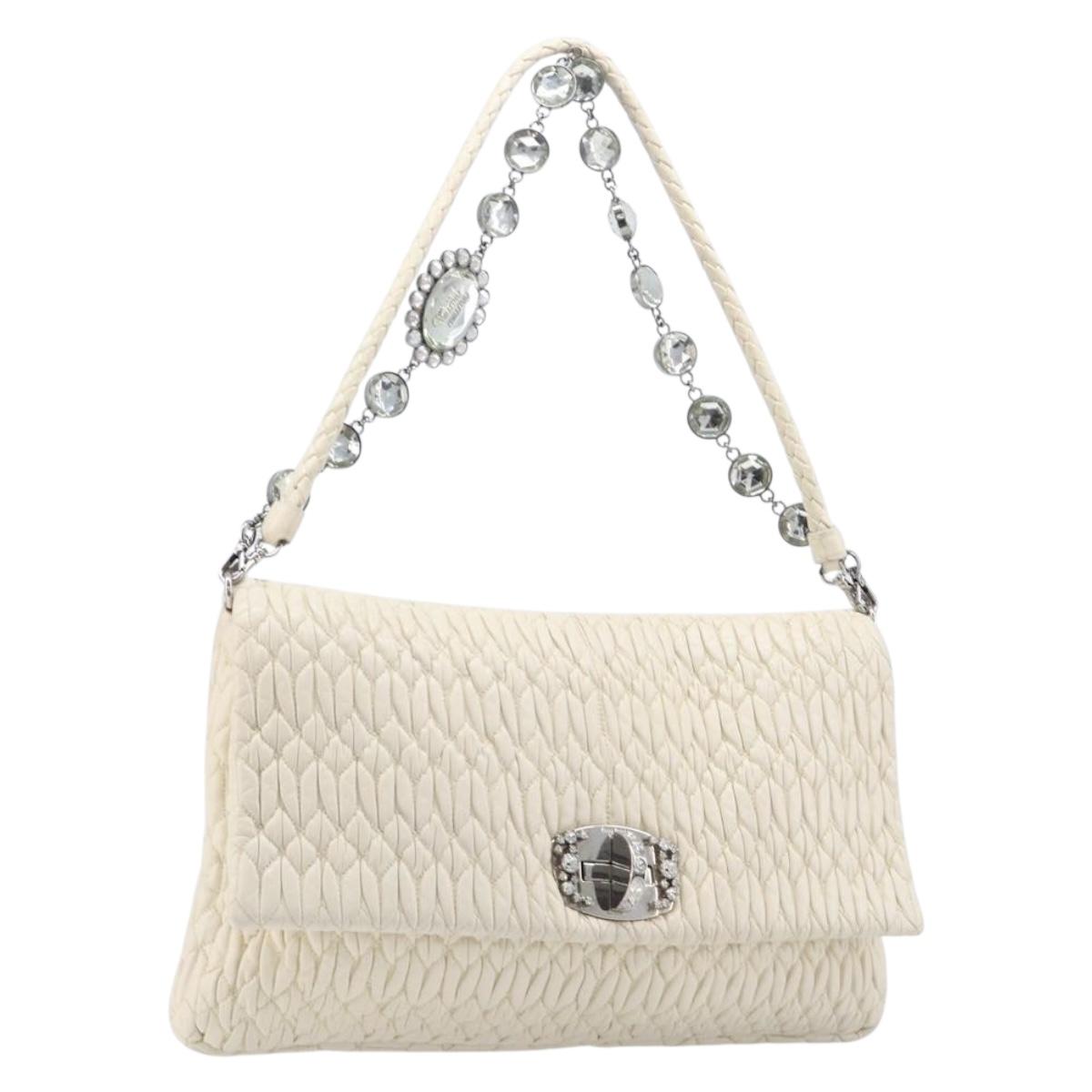 Miu Miu Matelasse Chain Shoulder Bag Leather 2way White Silver Auth 202695A