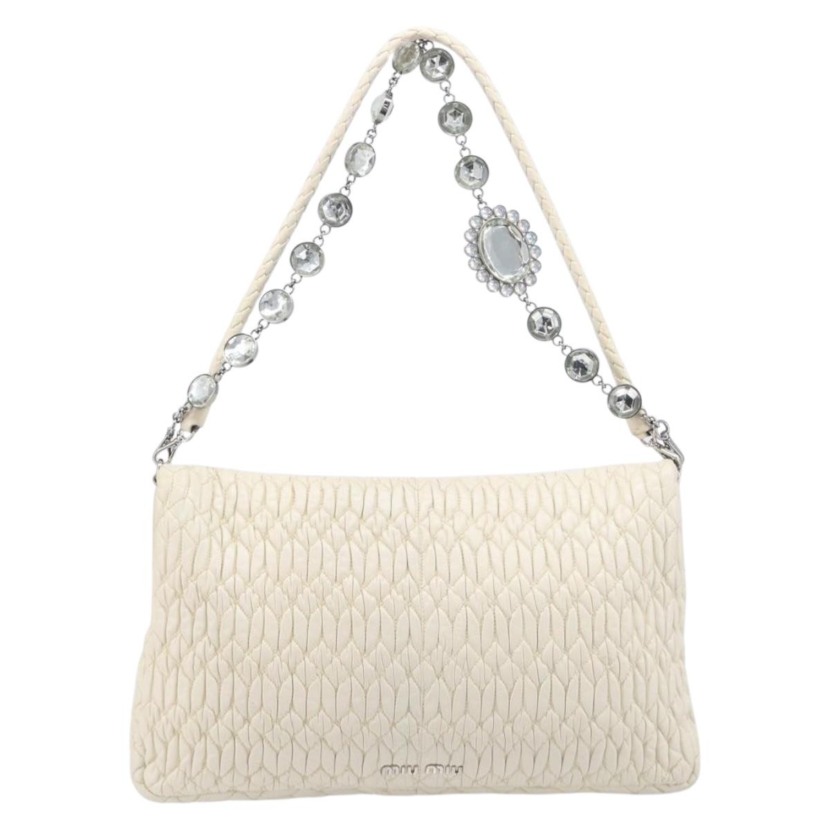 Miu Miu Matelasse Chain Shoulder Bag Leather 2way White Silver Auth 202695A