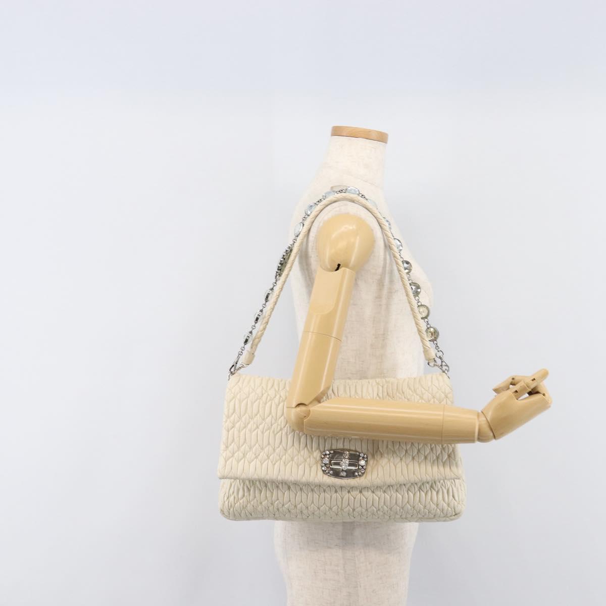 Miu Miu Matelasse Chain Shoulder Bag Leather 2way White Silver Auth 202695A