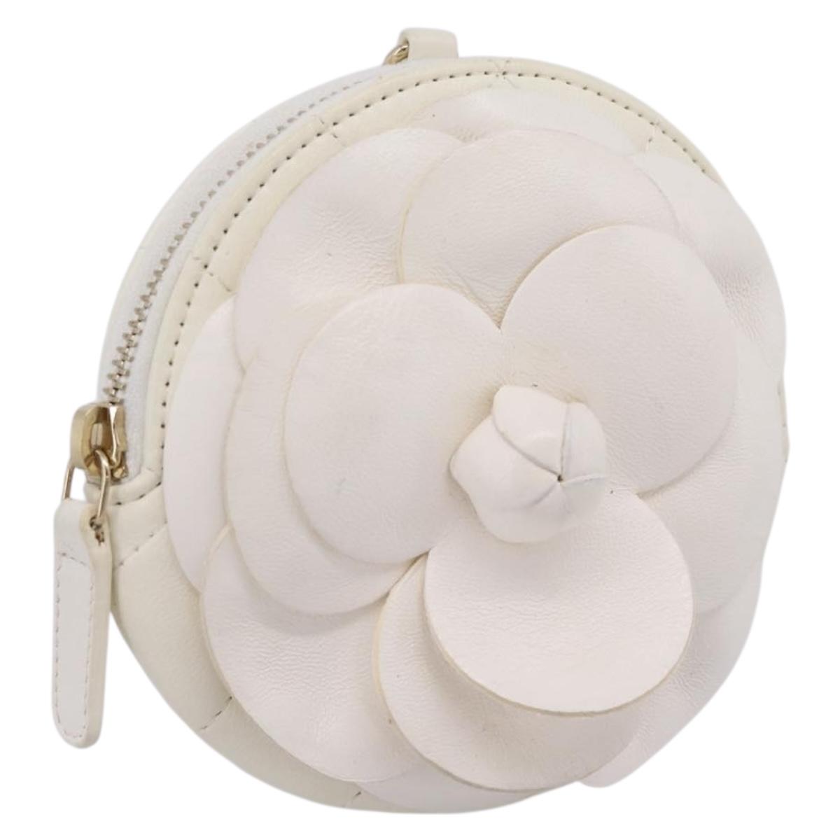 CHANEL Camelia Coin Purse Lamb Skin White Gold CC Auth 202721M