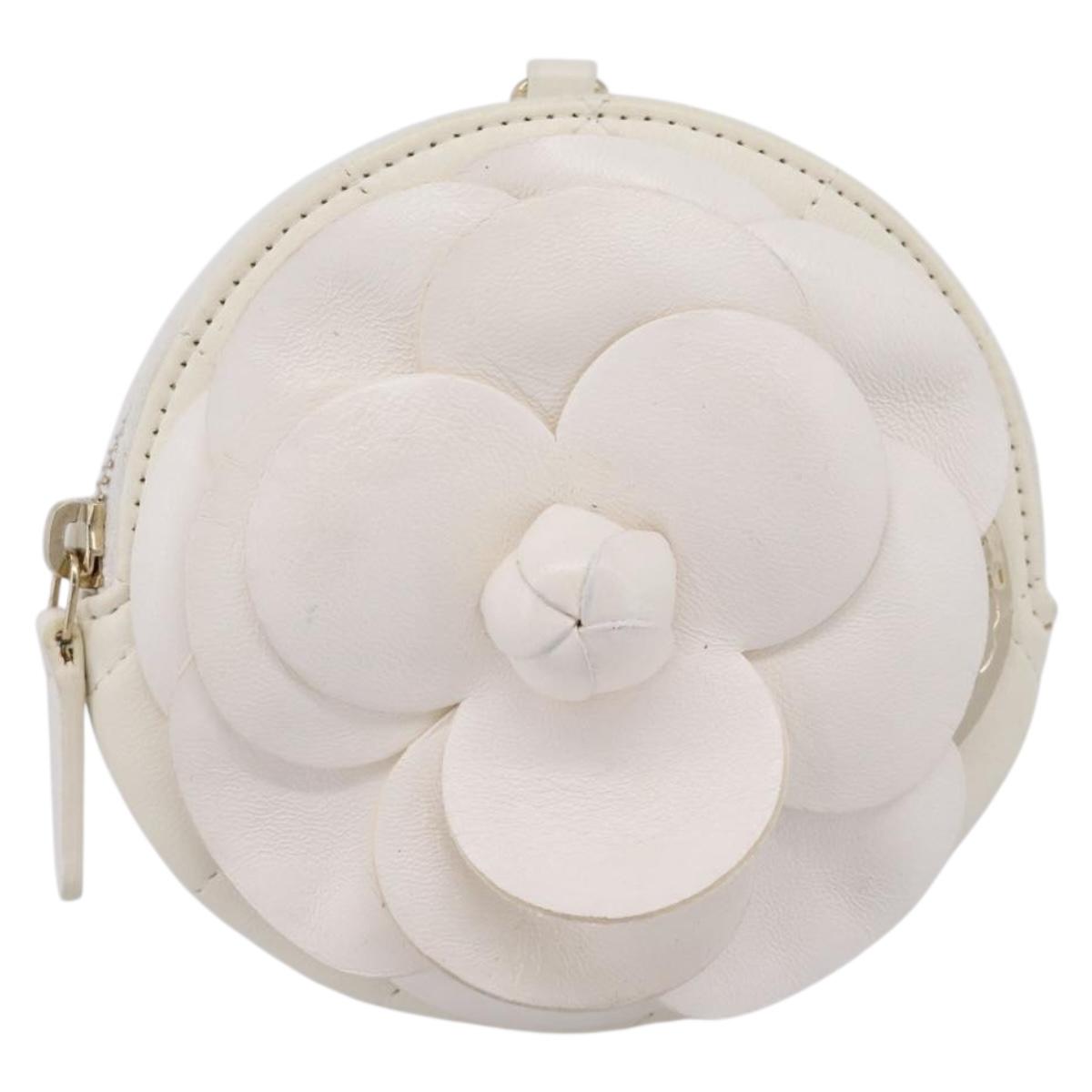 CHANEL Camelia Coin Purse Lamb Skin White Gold CC Auth 202721M