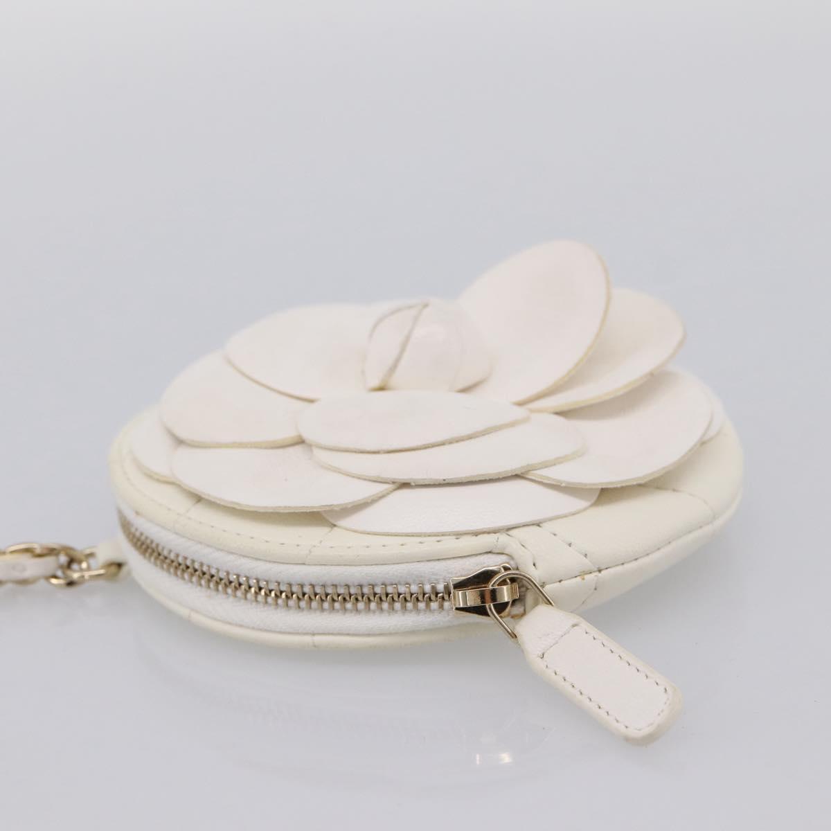 CHANEL Camelia Coin Purse Lamb Skin White Gold CC Auth 202721M