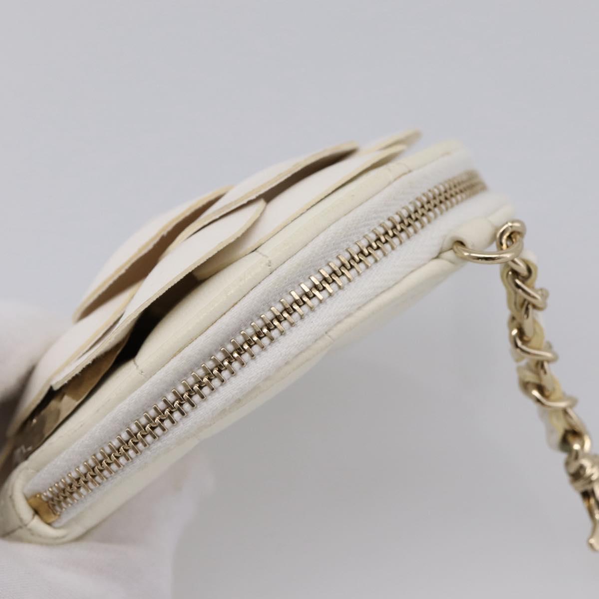 CHANEL Camelia Coin Purse Lamb Skin White Gold CC Auth 202721M