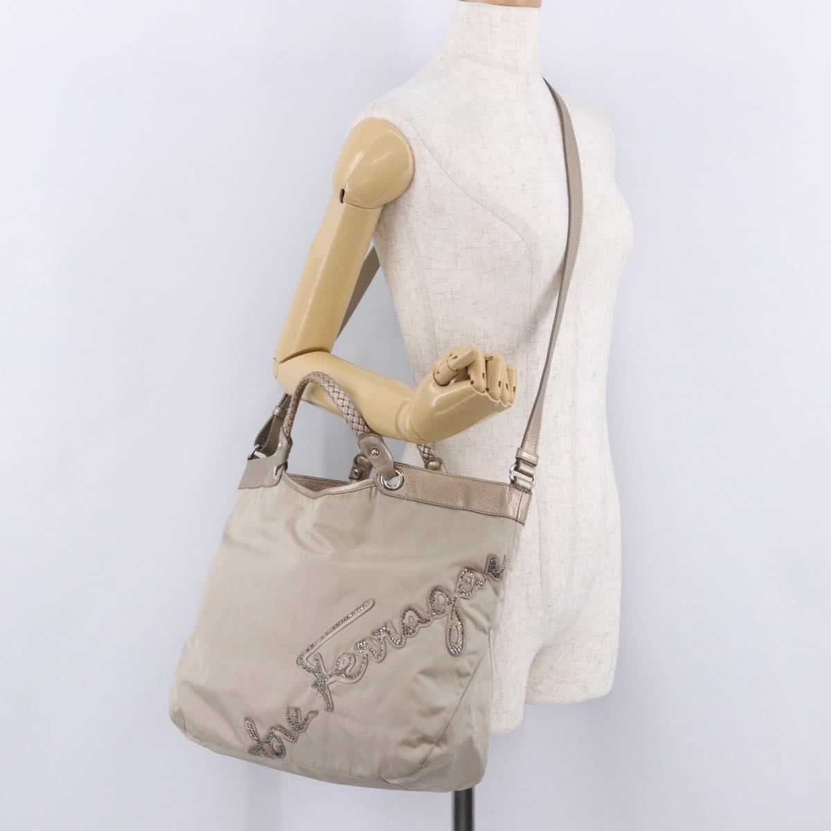 Salvatore Ferragamo Hand Bag Nylon 2way Beige Silver Auth 202769