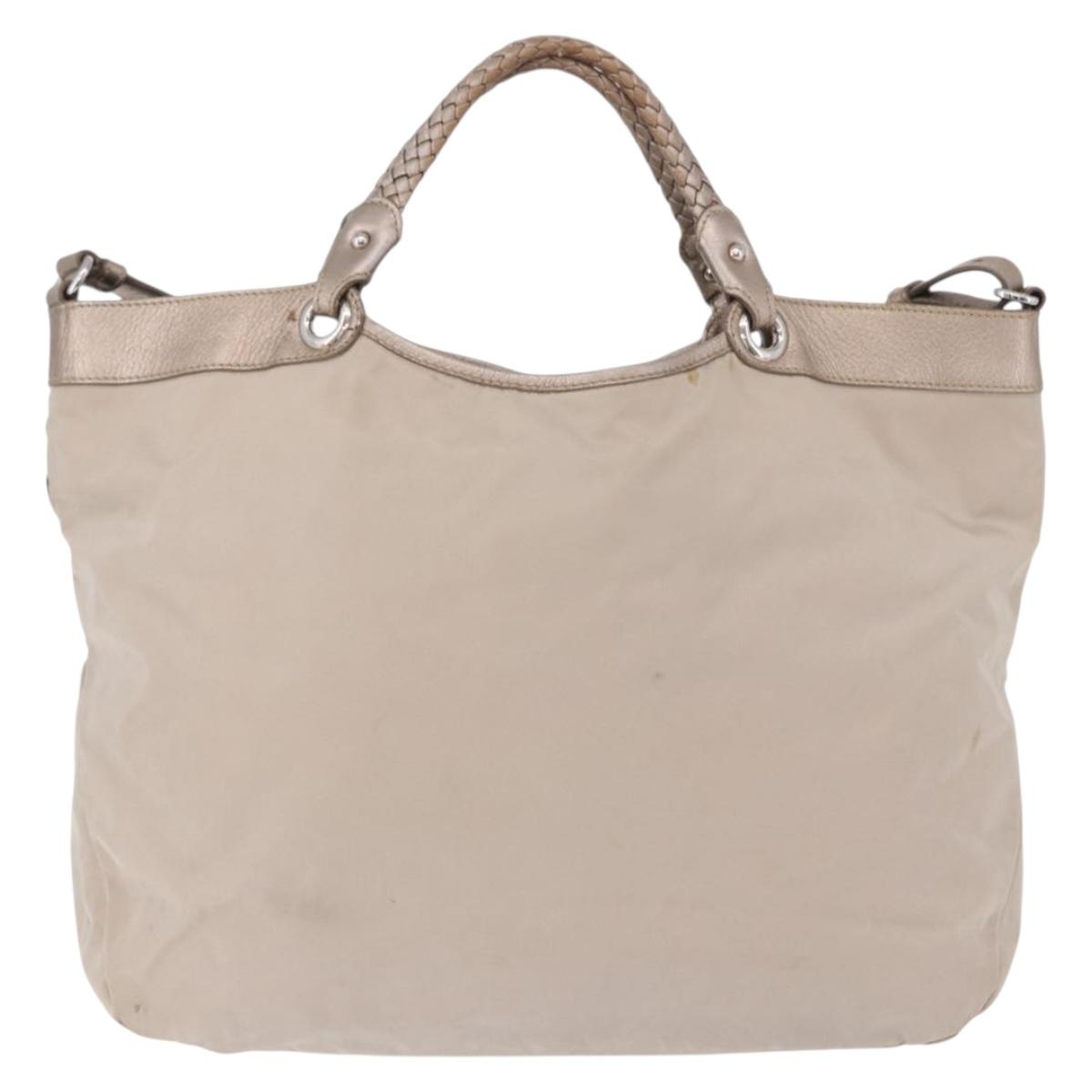Salvatore Ferragamo Hand Bag Nylon 2way Beige Silver Auth 202769