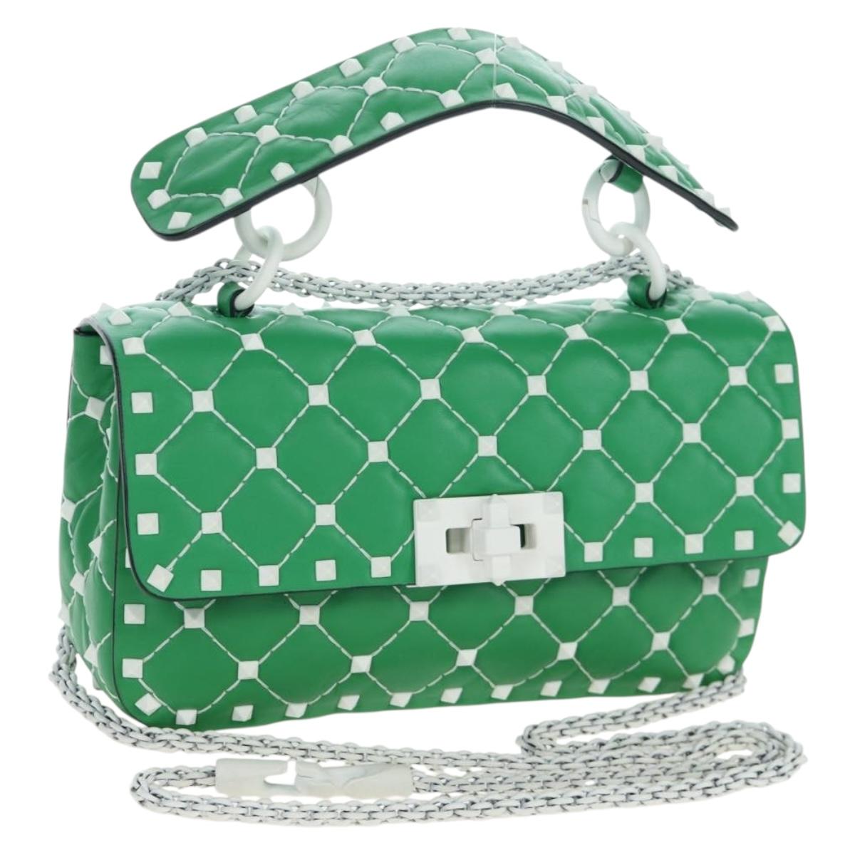 VALENTINO Rockstuds Chain Shoulder Bag Leather Green White Auth 202800V