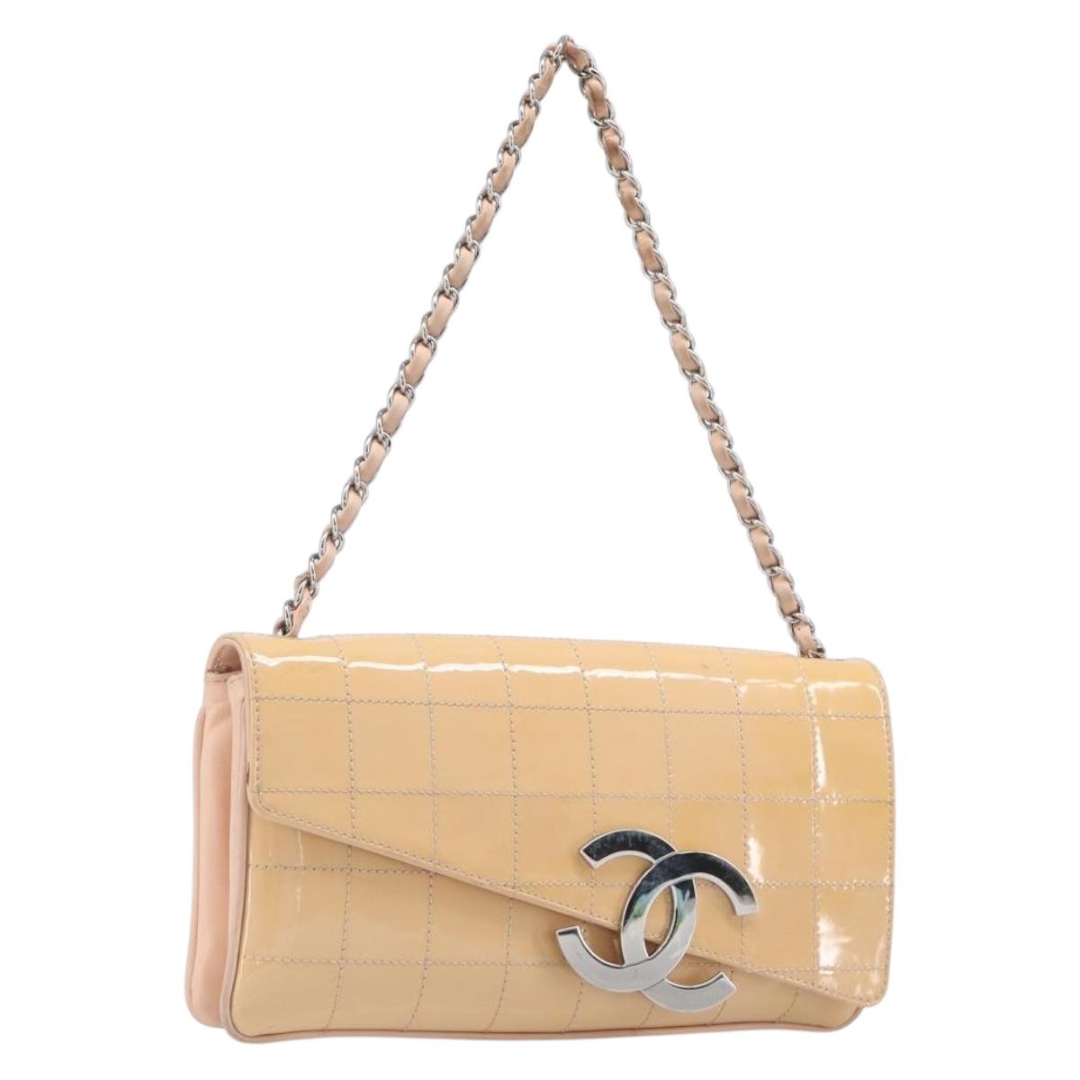 CHANEL Choco Bar Chain Shoulder Bag Patent Pink Silver CC Auth 202807A