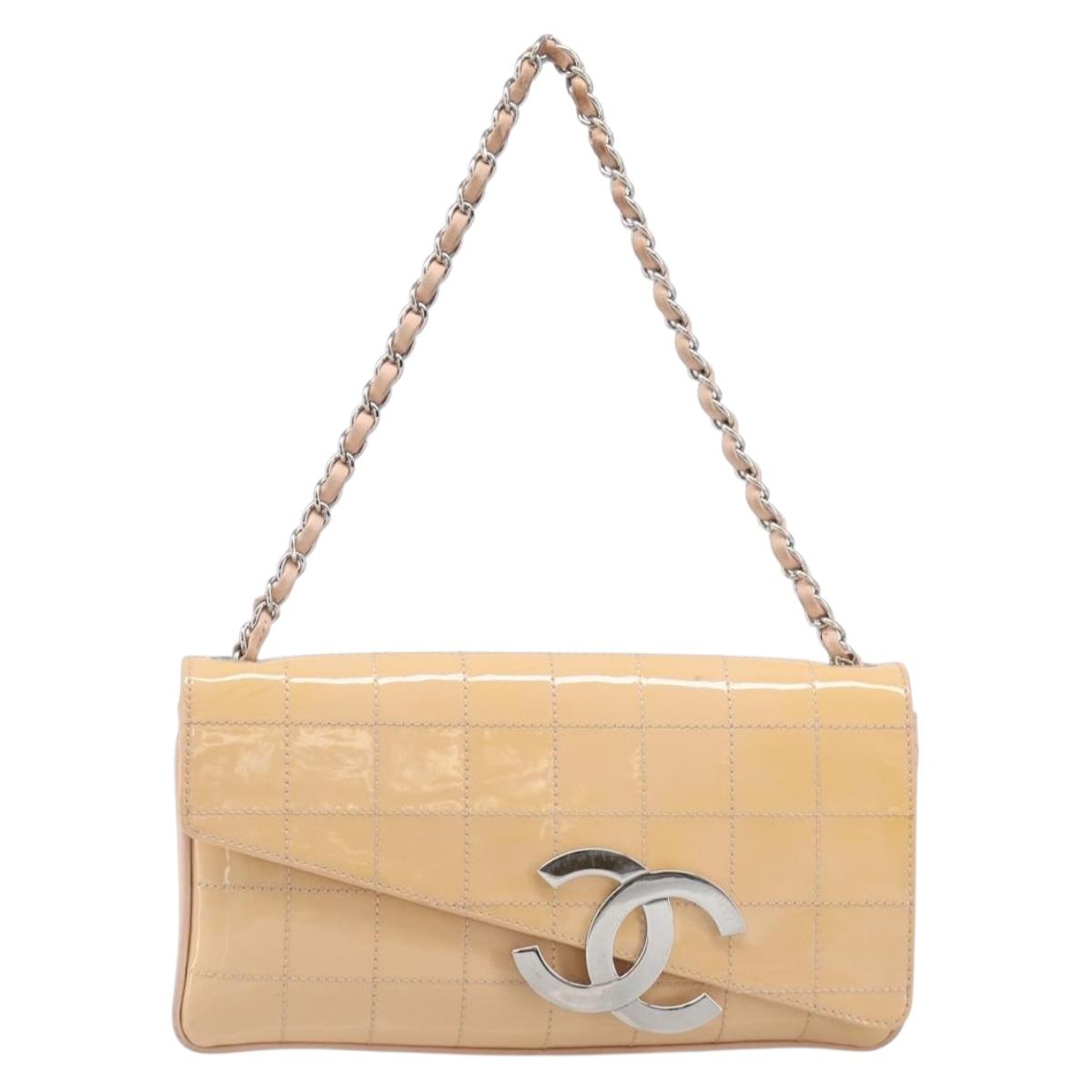 CHANEL Choco Bar Chain Shoulder Bag Patent Pink Silver CC Auth 202807A
