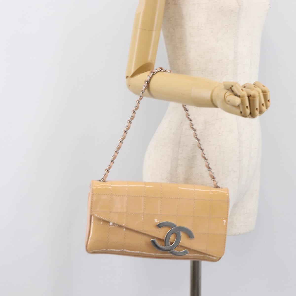 CHANEL Choco Bar Chain Shoulder Bag Patent Pink Silver CC Auth 202807A