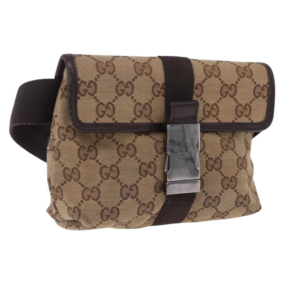 GUCCI GG Canvas Waist Bag Beige Silver 131236 Auth 202852