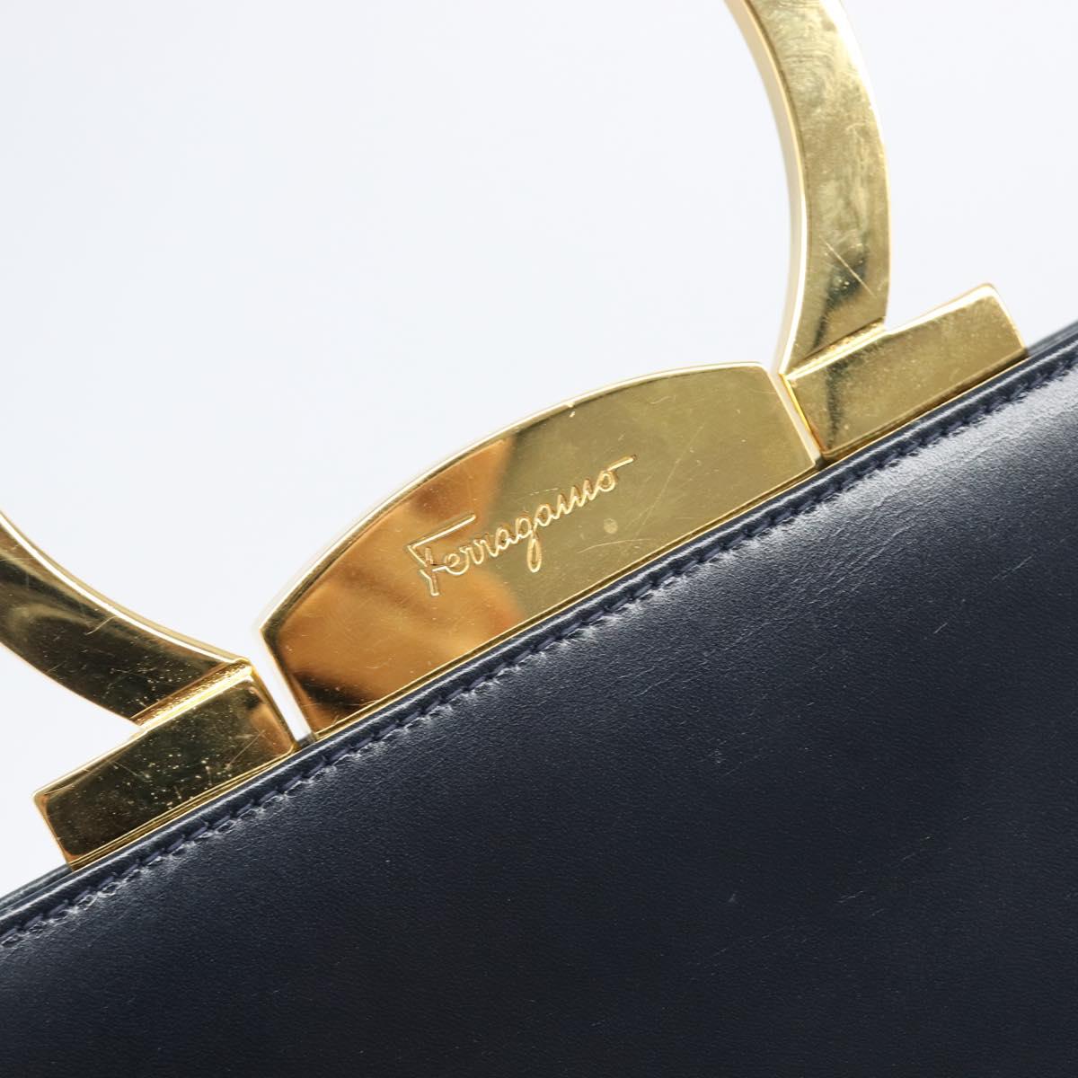 Salvatore Ferragamo Gancini Hand Bag Leather 2way Navy Gold Tone Auth 202857V