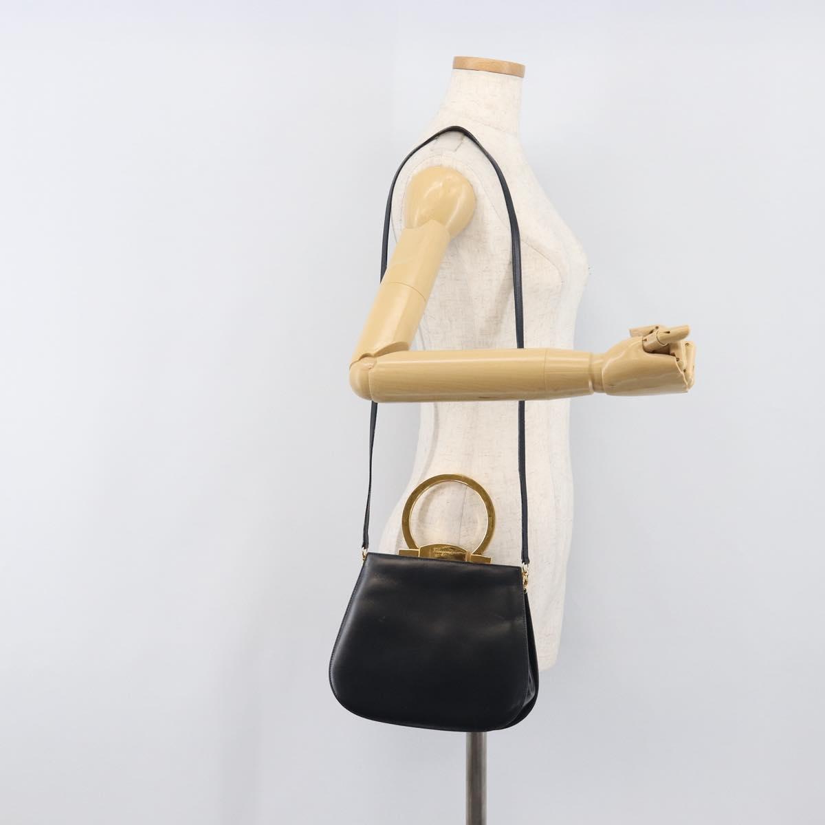 Salvatore Ferragamo Gancini Hand Bag Leather 2way Navy Gold Tone Auth 202857V