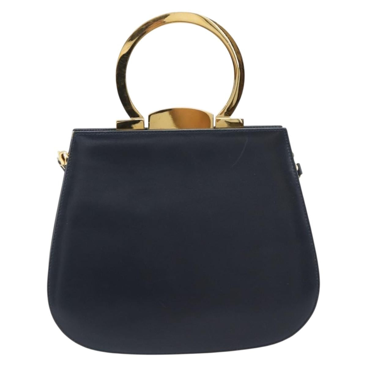 Salvatore Ferragamo Gancini Hand Bag Leather 2way Navy Gold Tone Auth 202857V
