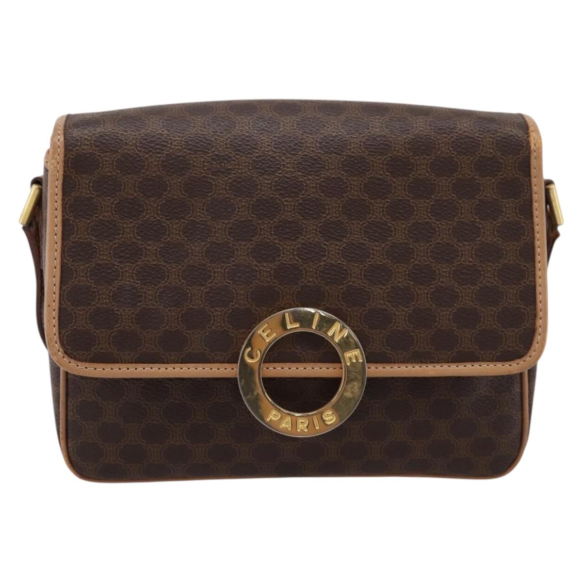 CELINE Macadam Canvas Circle Shoulder Bag PVC Leather Brown Gold Auth 202874A